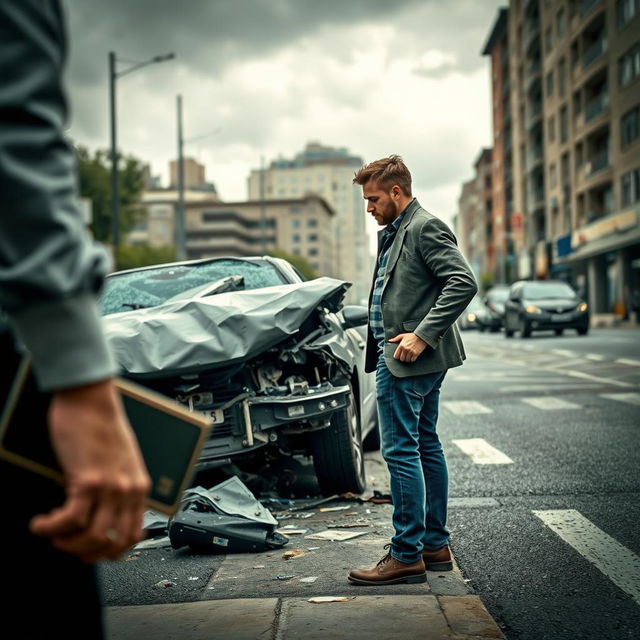 A man holding a wallet, standing on the side of the road looking at a car that has been involved in a severe accident