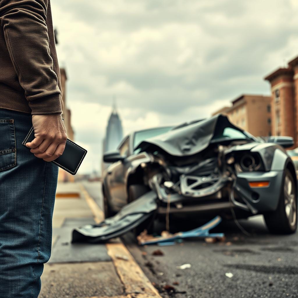 A man holding a wallet, standing on the side of the road looking at a car that has been involved in a severe accident