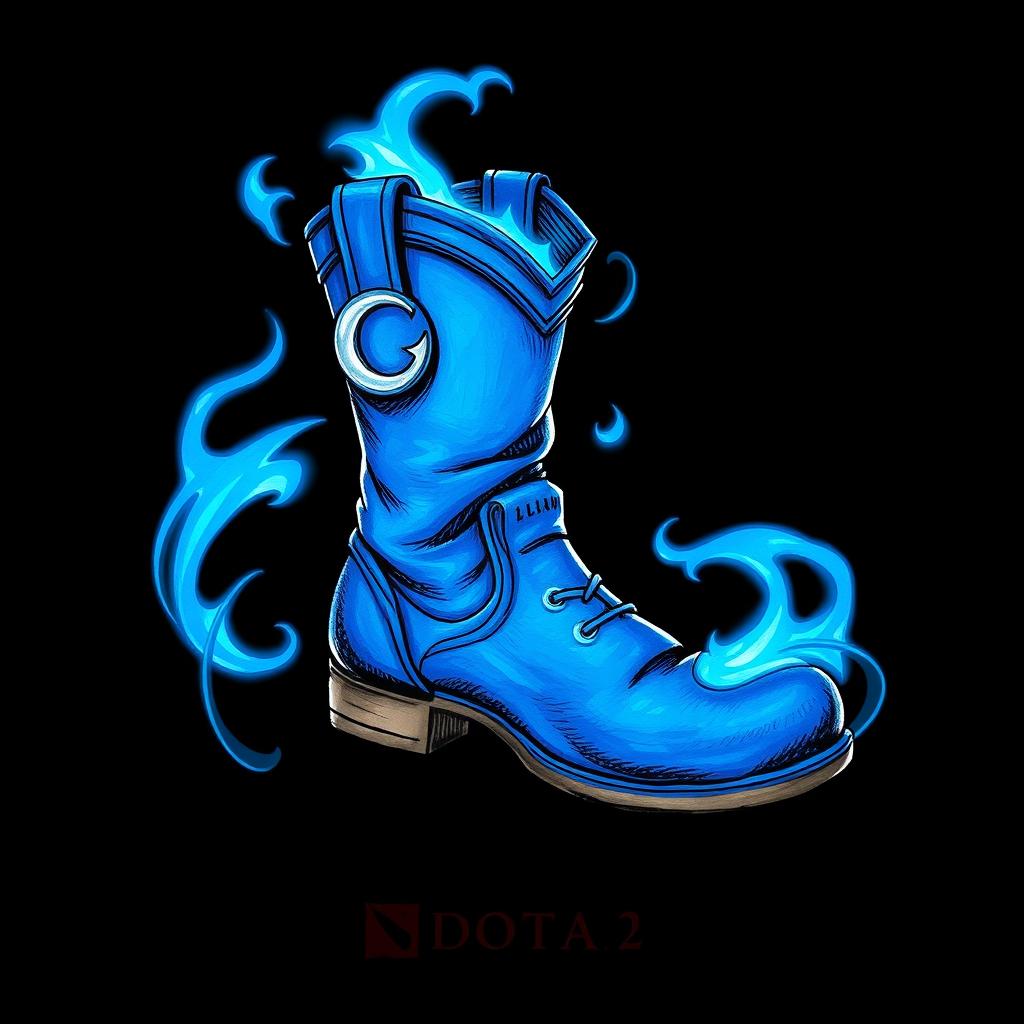 A hand-drawn style illustration of a striking blue leather boot, adorned with a crescent moon emblem on the side