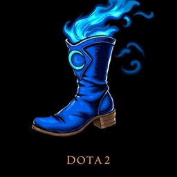 A hand-drawn style illustration of a striking blue leather boot, adorned with a crescent moon emblem on the side