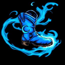 A hand-drawn style illustration of a striking blue leather boot, adorned with a crescent moon emblem on the side