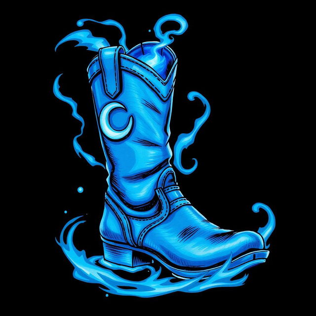 A hand-drawn style illustration of a striking blue leather boot, adorned with a crescent moon emblem on the side