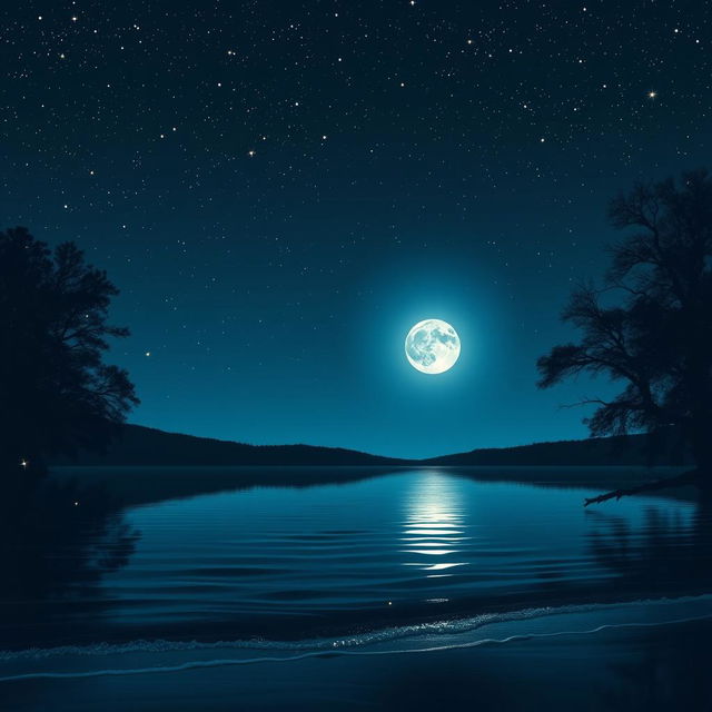 A serene night landscape featuring a clear starry sky filled with twinkling stars, a glowing full moon illuminating a tranquil lake