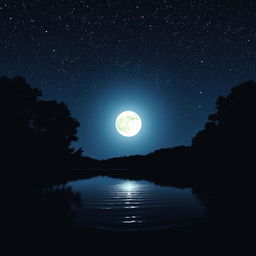 A serene night landscape featuring a clear starry sky filled with twinkling stars, a glowing full moon illuminating a tranquil lake