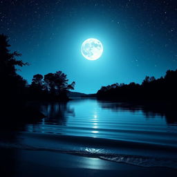 A serene night landscape featuring a clear starry sky filled with twinkling stars, a glowing full moon illuminating a tranquil lake
