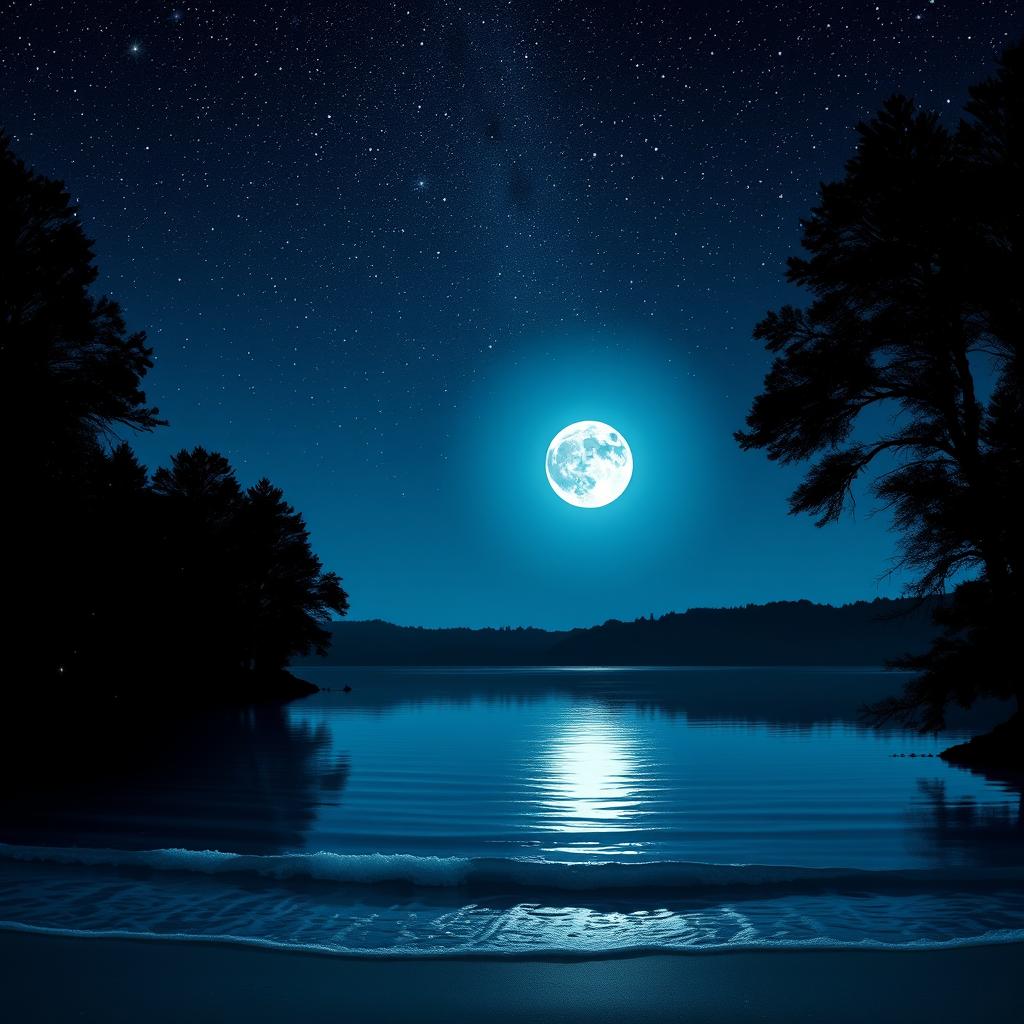 A serene night landscape featuring a clear starry sky filled with twinkling stars, a glowing full moon illuminating a tranquil lake