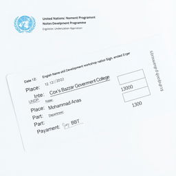 A photo of a payment slip for a registration form for an English and skill development workshop organized by the United Nations Development Programme