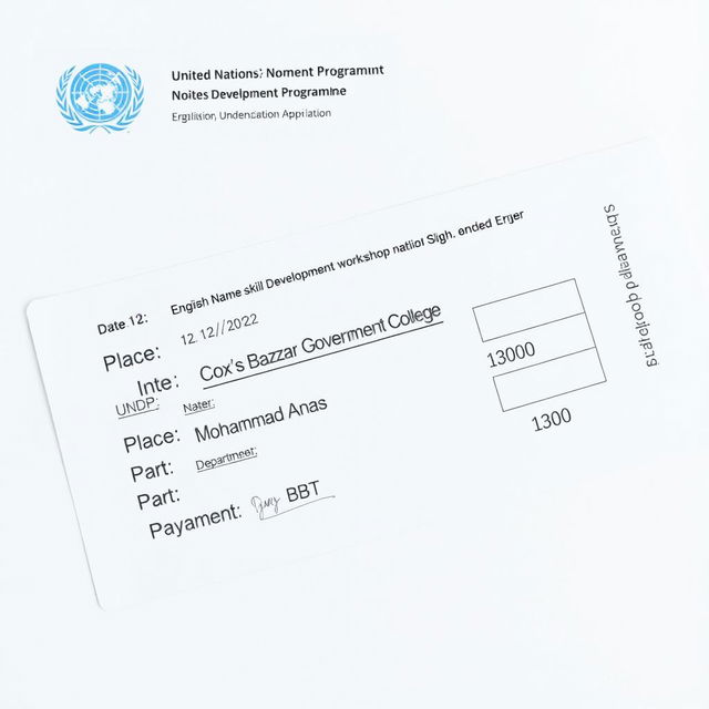 A photo of a payment slip for a registration form for an English and skill development workshop organized by the United Nations Development Programme