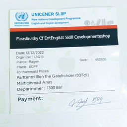 A photo of a payment slip for a registration form for an English and skill development workshop organized by the United Nations Development Programme