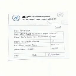 A photo of a payment slip for a registration form for an English and skill development workshop organized by the United Nations Development Programme