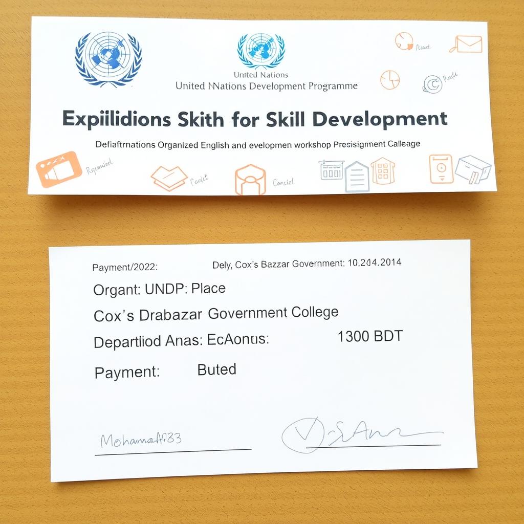 A photo of a payment slip for a registration form for an English and skill development workshop organized by the United Nations Development Programme