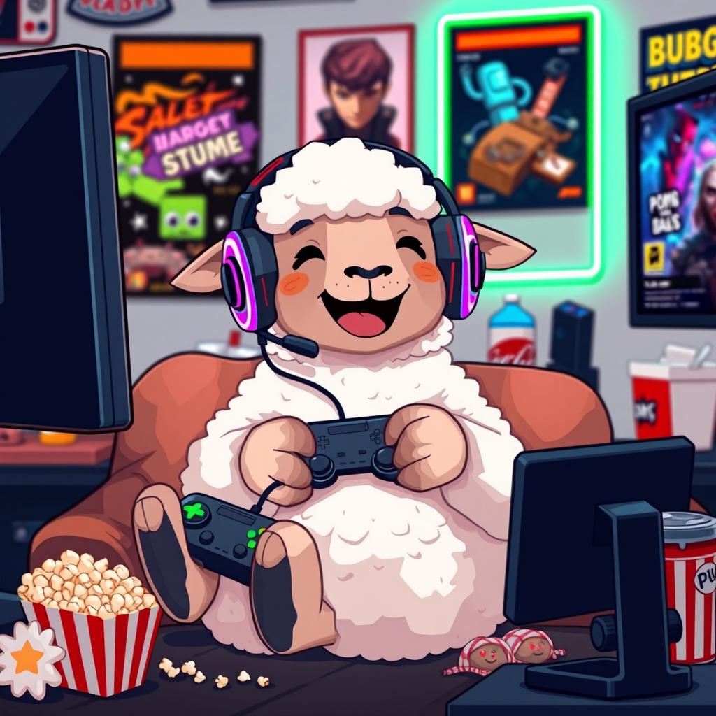 A pixelated sheep joyfully playing video games with a gamepad in its hooves, sitting comfortably in a cozy gaming setup