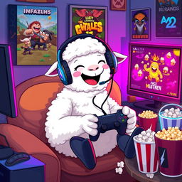 A pixelated sheep joyfully playing video games with a gamepad in its hooves, sitting comfortably in a cozy gaming setup