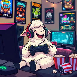 A pixelated sheep joyfully playing video games with a gamepad in its hooves, sitting comfortably in a cozy gaming setup