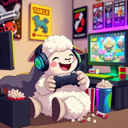 A pixelated sheep joyfully playing video games with a gamepad in its hooves, sitting comfortably in a cozy gaming setup