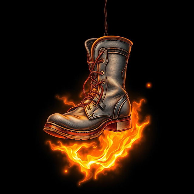 An iron leather boot, intricately designed with details resembling those in Dota 2, glowing with vibrant orange energy, suspended in the air