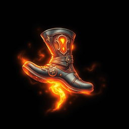 An iron leather boot, intricately designed with details resembling those in Dota 2, glowing with vibrant orange energy, suspended in the air