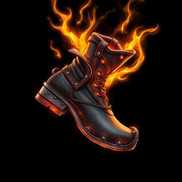 An iron leather boot, intricately designed with details resembling those in Dota 2, glowing with vibrant orange energy, suspended in the air