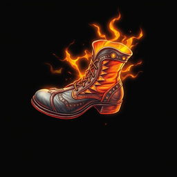 An iron leather boot, intricately designed with details resembling those in Dota 2, glowing with vibrant orange energy, suspended in the air