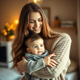 A loving scene of a mother holding her young child in a warm embrace, the mother has long flowing hair and a gentle smile, wearing a cozy sweater, while the child, with bright eyes and cherubic cheeks, gazes up lovingly at her