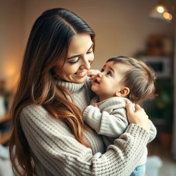 A loving scene of a mother holding her young child in a warm embrace, the mother has long flowing hair and a gentle smile, wearing a cozy sweater, while the child, with bright eyes and cherubic cheeks, gazes up lovingly at her