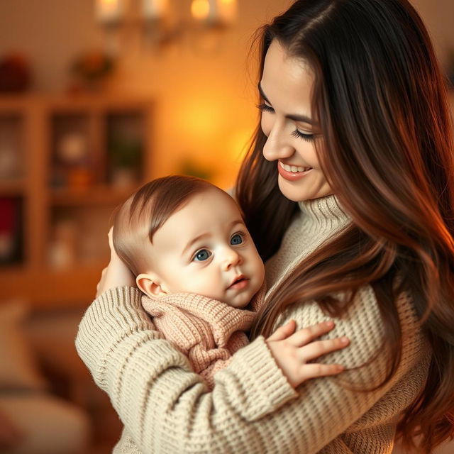 A loving scene of a mother holding her young child in a warm embrace, the mother has long flowing hair and a gentle smile, wearing a cozy sweater, while the child, with bright eyes and cherubic cheeks, gazes up lovingly at her