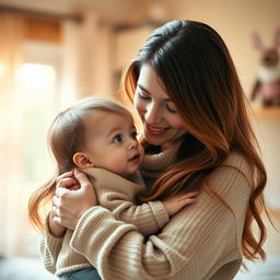 A loving scene of a mother holding her young child in a warm embrace, the mother has long flowing hair and a gentle smile, wearing a cozy sweater, while the child, with bright eyes and cherubic cheeks, gazes up lovingly at her