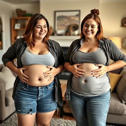 Two girls in their late twenties are standing in a cozy living room, each showing off their beer bellies prominently