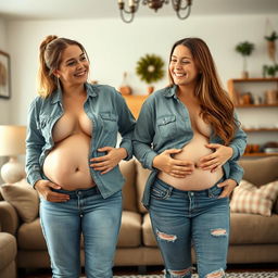 Two girls in their late twenties are standing in a cozy living room, each showing off their beer bellies prominently