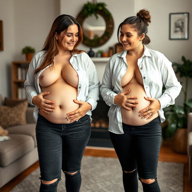 Two girls in their late twenties are standing in a cozy living room, each showing off their beer bellies prominently