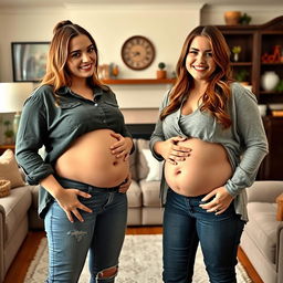 Two girls in their late twenties are standing in a cozy living room, each showing off their beer bellies prominently