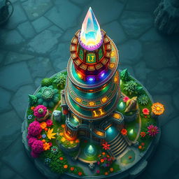 A stunning top view of a fantasy magic tower, featuring intricate details and vibrant colors