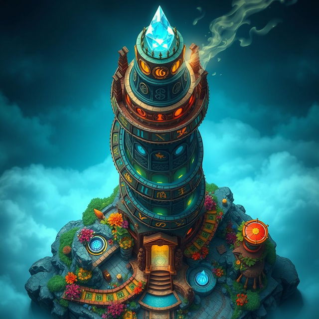 A stunning top view of a fantasy magic tower, featuring intricate details and vibrant colors