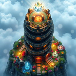 A stunning top view of a fantasy magic tower, featuring intricate details and vibrant colors