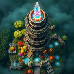 A stunning top view of a fantasy magic tower, featuring intricate details and vibrant colors