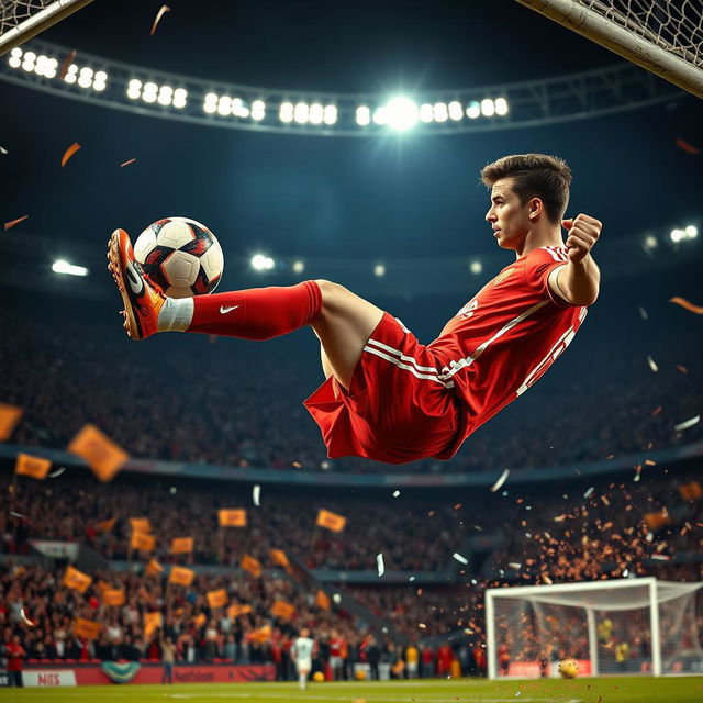 A dynamic and intense action shot of a soccer player resembling a mix of Cristiano Ronaldo and a mysterious dragon, showcasing incredible athleticism as he performs a powerful bicycle kick in mid-air towards a glowing goalpost