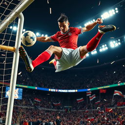 A dynamic and intense action shot of a soccer player resembling a mix of Cristiano Ronaldo and a mysterious dragon, showcasing incredible athleticism as he performs a powerful bicycle kick in mid-air towards a glowing goalpost