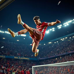 A dynamic and intense action shot of a soccer player resembling a mix of Cristiano Ronaldo and a mysterious dragon, showcasing incredible athleticism as he performs a powerful bicycle kick in mid-air towards a glowing goalpost