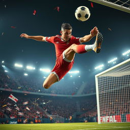 A dynamic and intense action shot of a soccer player resembling a mix of Cristiano Ronaldo and a mysterious dragon, showcasing incredible athleticism as he performs a powerful bicycle kick in mid-air towards a glowing goalpost