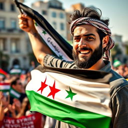 A portrait of a man passionately waving the Syrian revolution flag, his expression filled with determination and hope