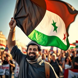 A portrait of a man passionately waving the Syrian revolution flag, his expression filled with determination and hope