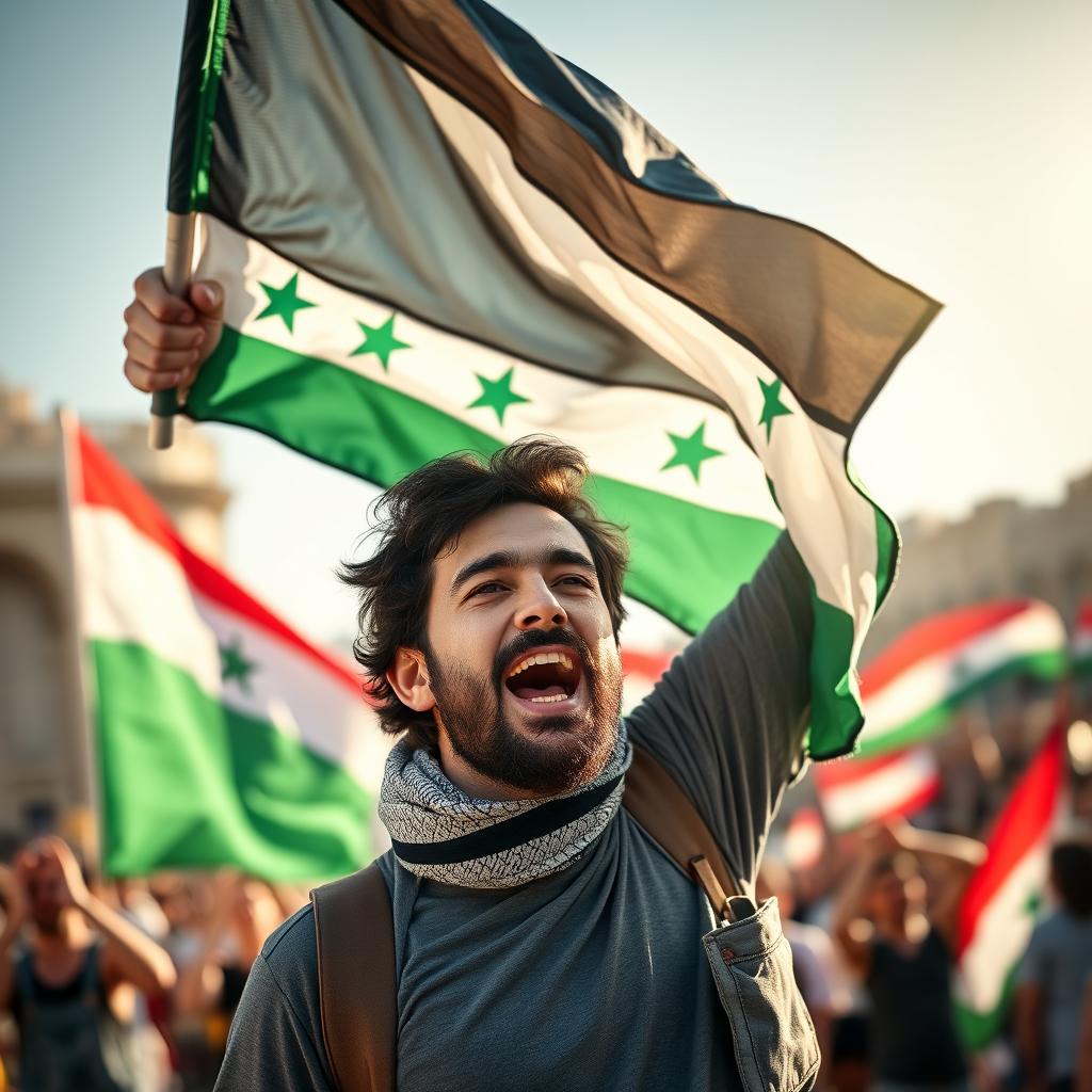 A portrait of a man passionately waving the Syrian revolution flag, his expression filled with determination and hope