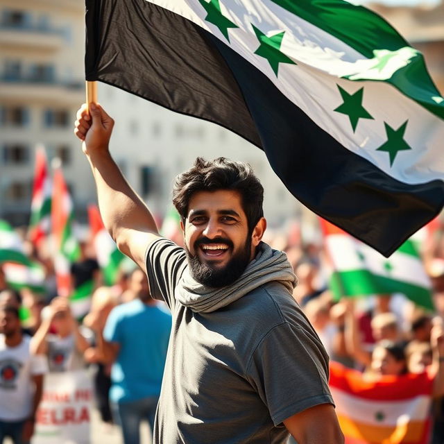 A portrait of a man passionately waving the Syrian revolution flag, his expression filled with determination and hope