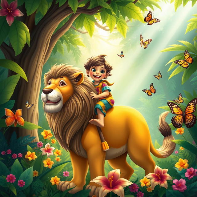 A whimsical fantasy scene featuring a child joyfully riding a majestic lion in a vibrant jungle