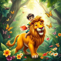 A whimsical fantasy scene featuring a child joyfully riding a majestic lion in a vibrant jungle