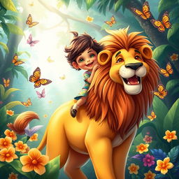 A whimsical fantasy scene featuring a child joyfully riding a majestic lion in a vibrant jungle