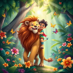 A whimsical fantasy scene featuring a child joyfully riding a majestic lion in a vibrant jungle