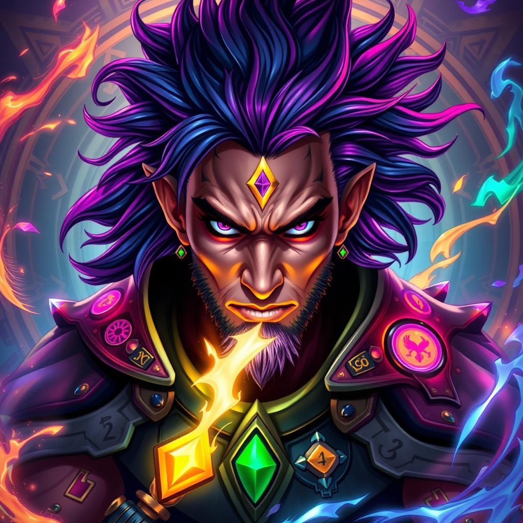 A stunning portrait of a fierce warrior with vibrant Arcane energy flowing around them, featuring rich jewel tones like amethyst, sapphire, and emerald