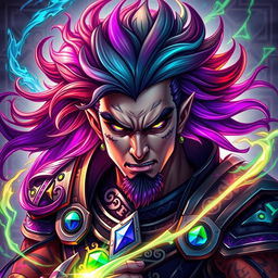 A stunning portrait of a fierce warrior with vibrant Arcane energy flowing around them, featuring rich jewel tones like amethyst, sapphire, and emerald
