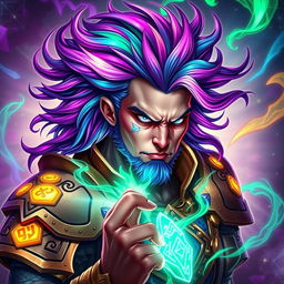 A stunning portrait of a fierce warrior with vibrant Arcane energy flowing around them, featuring rich jewel tones like amethyst, sapphire, and emerald